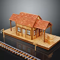 Wooden Train Station Exterior With Red Tile Roof Covered Platform And Railway Tracks