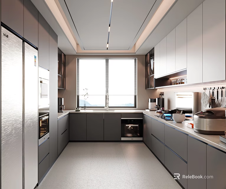 Modern Kitchen Interior Design With Gray Cabinets Large Refrigerator Window And Appliances 3d model