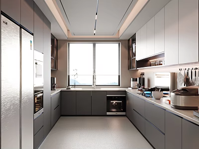 Modern Kitchen Interior Design With Gray Cabinets Large Refrigerator Window And Appliances 3d model