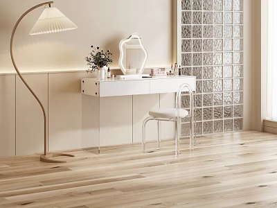 Modern White Dressing Table With Transparent Chair And Floor Lamp Near Glass Block Wall 3d model