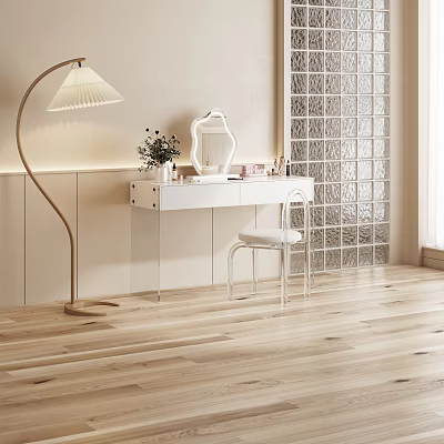 Modern White Dressing Table With Transparent Chair And Floor Lamp Near Glass Block Wall 3d model