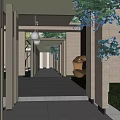 Modern Garden Landscape Design With Wooden Roof Columns Trees And Water Feature Seating
