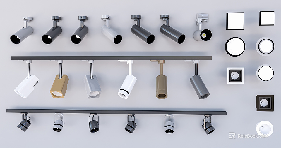 Modern Downlights And Spotlights In Various Colors With Track Mounted Designs 3d model 