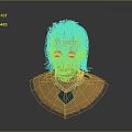 Detailed 3D Character Head With Black Hair Facial Scar Yellow Fur Collar Green Shirt
