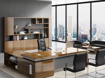 Modern Office Interior With Large Windows City View Wooden Desk Black Chairs Bookshelf And Trophies 3d model