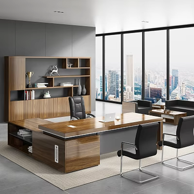 Modern Office Interior With Large Windows City View Wooden Desk Black Chairs Bookshelf And Trophies 3d model