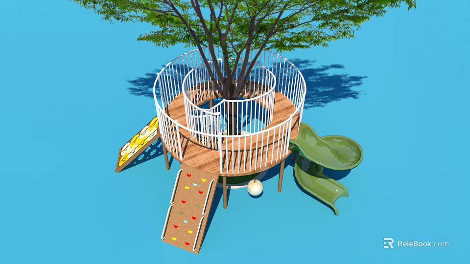 Outdoor Playground Equipment with Wooden Treehouse Platform White Railings Green Yellow Slides Colorful Dots Step 3d model 
