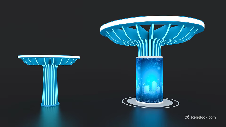 Illuminated Modern Exhibition Island With Blue Structure And City Silhouette Base 3d model 