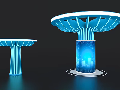 Illuminated Modern Exhibition Island With Blue Structure And City Silhouette Base 3d model