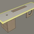 Modern Office Desk Design With White Tabletop Long Brown Strip Wooden Supports And Circular Hole