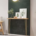 Modern Console Table with Wooden Top Golden Legs Green Plant Decorative Painting and Fruit Bowl