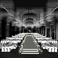 Luxurious Banquet Hall with Crystal Chandeliers Arched Design and White Floral Decorated Stage