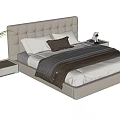 Double Bed Featuring White Upholstered Headboard Pillows Striped Blanket and Nightstands with Green Plant Figurine