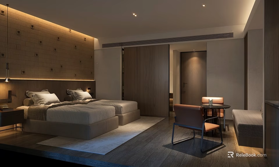 Modern Hotel Room Interior With Twin Beds Wooden Decor Table Chair And Ambient Lighting 3d model 