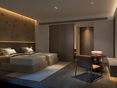 Modern Hotel Room Interior With Twin Beds Wooden Decor Table Chair And Ambient Lighting 3d model