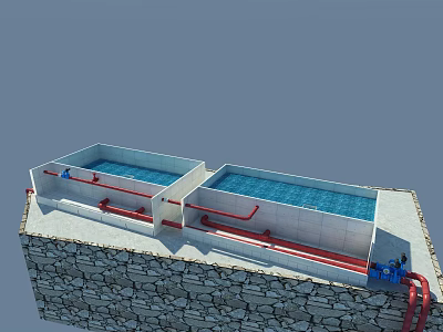 Water Storage Tanks With Red Pipes And Blue Valves On Stone Wall Base 3d model