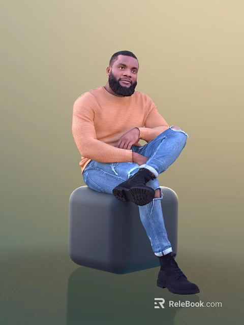 Man Sitting On Grey Cube Stool Wearing Orange Sweater Blue Ripped Jeans And Black Shoes 3d model 