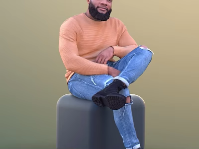Man Sitting On Grey Cube Stool Wearing Orange Sweater Blue Ripped Jeans And Black Shoes 3d model