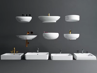 Various Styles Of Modern Washbasins With Gold Black And Silver Faucets 3d model