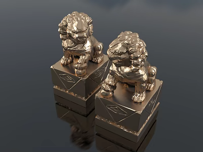 Decorative Silver Metal Lion Sculptures With Square Base And Detailed Carving 3d model