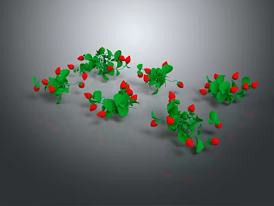 Clusters of Fresh Red Strawberries with Green Leaves Scattered on Gray Background 3d model