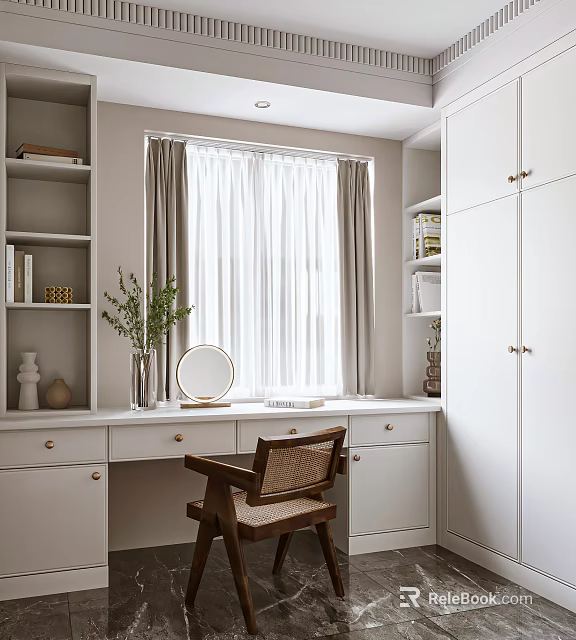 Minimalist Home Office Interior With Writing Desk Wooden Chair Shelves Potted Plant And Curtains 3d model 