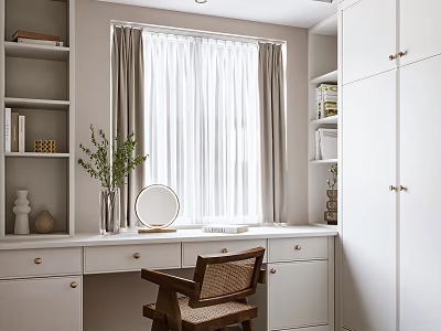 Minimalist Home Office Interior With Writing Desk Wooden Chair Shelves Potted Plant And Curtains 3d model