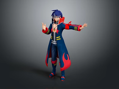 3D Game Movie Character With Blue Purple Hair Dark Blue Coat Red Flame Patterns Pose 3d model