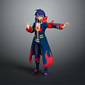 3D Game Movie Character With Blue Purple Hair Dark Blue Coat Red Flame Patterns Pose