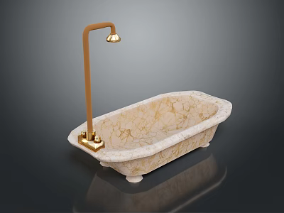 Elegant Cream Marble Bathtub With Golden Curved Faucet And Base Design 3d model