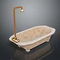 Elegant Cream Marble Bathtub With Golden Curved Faucet And Base Design