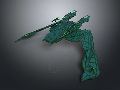 Futuristic Teal Spaceship 3D Model With Glowing Green Lines And Intricate Design 3d model