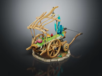 Decorative Wooden Cart Model With Green Plants Pink Flowers Small Lantern And Stone Base 3d model
