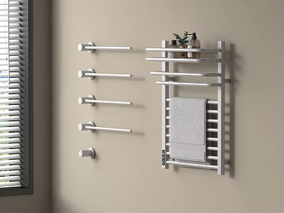 White Bathroom Accessories Including Multiple Towel Bars And Multi Tiered Wall Mounted Rack 3d model