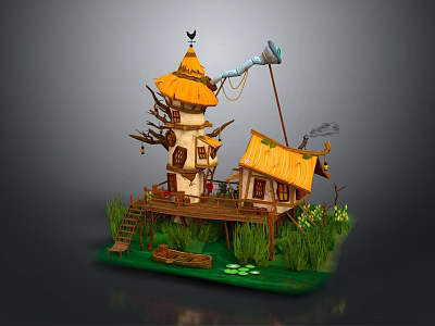 Whimsical Wooden Tower House With Thatched Roof Wooden Stairs Green Grass And Lotus Leaves 3d model
