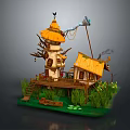 Whimsical Wooden Tower House With Thatched Roof Wooden Stairs Green Grass And Lotus Leaves