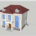 Detached Villa with Red Roof White Exterior Green Lawn and Front Porch Steps