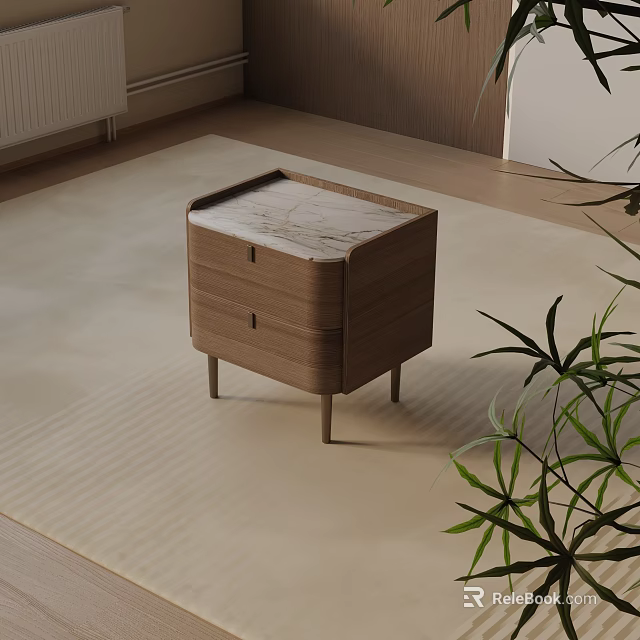 Modern Wooden Bedside Table With Marble Top And Drawers In Minimalist Room 3d model 