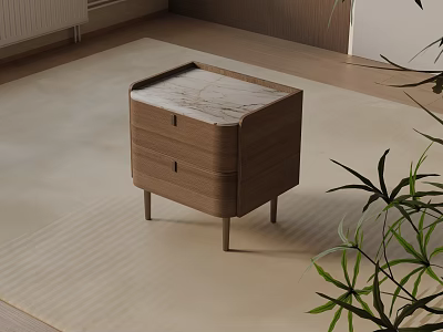 Modern Wooden Bedside Table With Marble Top And Drawers In Minimalist Room 3d model