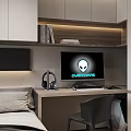 Modern Tatami Bedroom With Storage Cabinets Desk Computer And Wooden Flooring