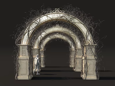 Ornate Arched Gateway With Twisted Vines Decorative Crown Stone Pillars And Standing Human Figure 3d model