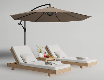 Wooden Patio Lounge Chairs with Umbrella and Side Table Flower Vase and Fruits on Table 3d model