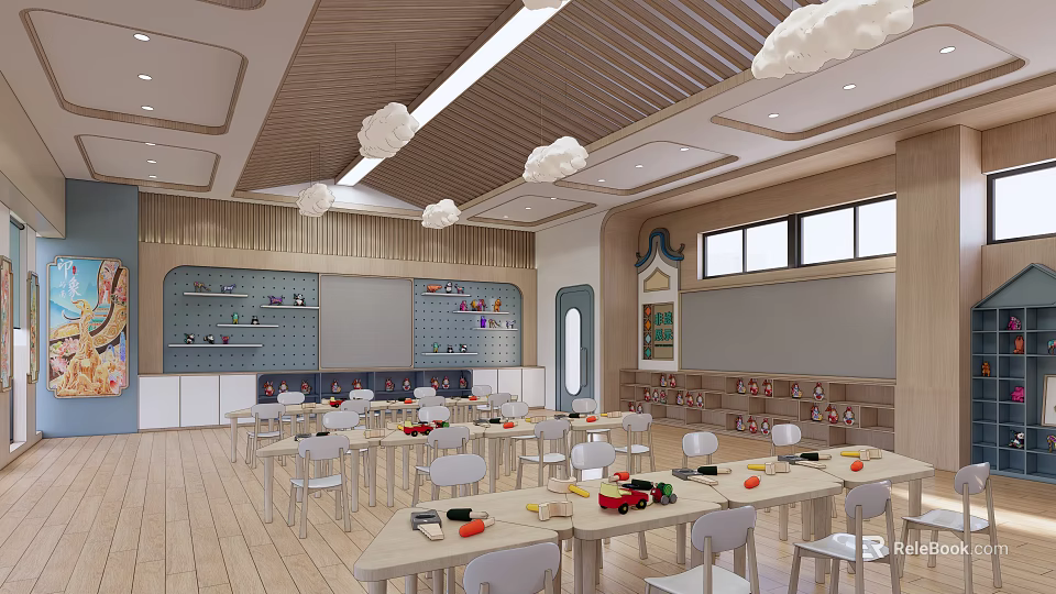 Bright and Cozy Kindergarten Classroom With Cloud Decorations Tables Chairs And Bookshelves 3d model 