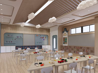 Bright and Cozy Kindergarten Classroom With Cloud Decorations Tables Chairs And Bookshelves 3d model