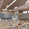 Bright and Cozy Kindergarten Classroom With Cloud Decorations Tables Chairs And Bookshelves