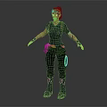 3D Female Creature Character In Black Top Camouflage Pants With Backpack Wristbands Standing Pose