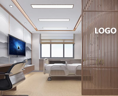 Bright Modern Hospital Ward Interior With Bed TV Window Desk Chair And Wooden Partition 3d model