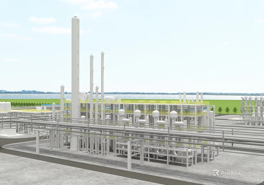 Industrial Chemical Plant With Storage Tanks Pipelines Tall Towers And Green Waterfront 3d model 