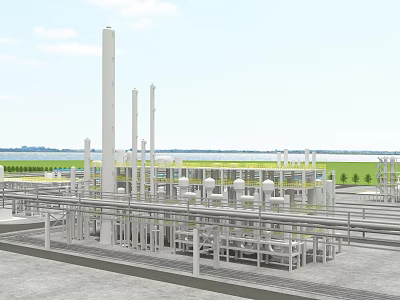 Industrial Chemical Plant With Storage Tanks Pipelines Tall Towers And Green Waterfront 3d model