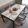 Modern Marble Top Dining Table Set With Leather Chairs Oranges Glass Jug Books And Plant